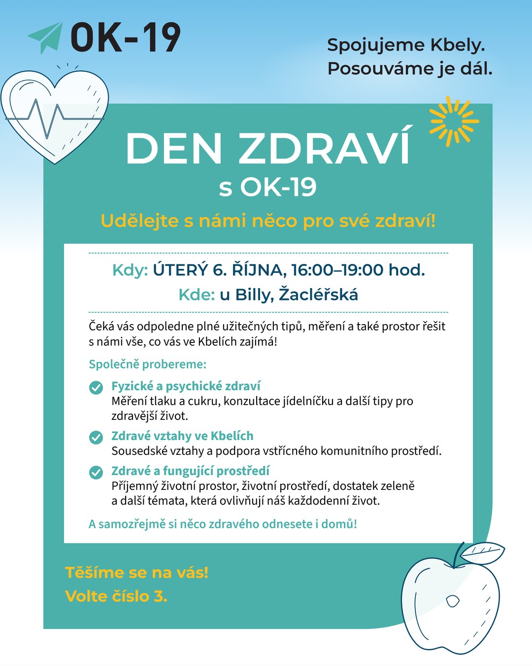 Pozvánka: Den zdraví s OK-19, úterý 6. října od 16:00 do 19:00 u Billy v Žacléřské — měření tlaku a cukru, konzultace jídelníčku, zdravé vztahy a zdravé prostředí ve Kbelích