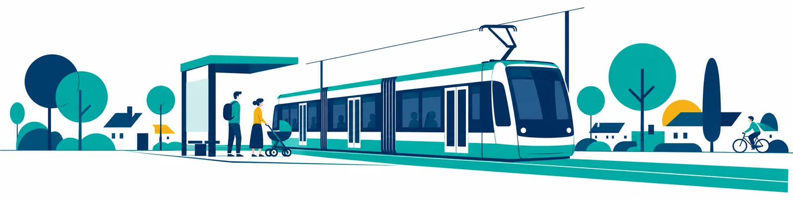 Ilustrace: tramvajová zastávka s cestujícími mezi rodinnými domy
