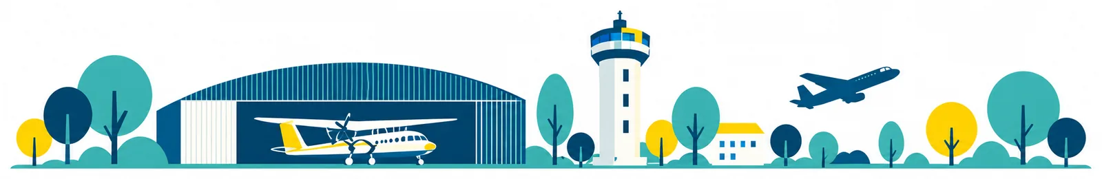 Ilustrace kbelského letiště: hangár s letadlem, maják a startující letoun