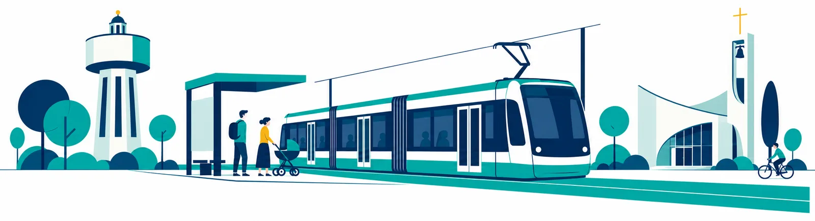 Ilustrace Kbel v budoucnosti: vodárenská věž, tramvajová zastávka a kostel