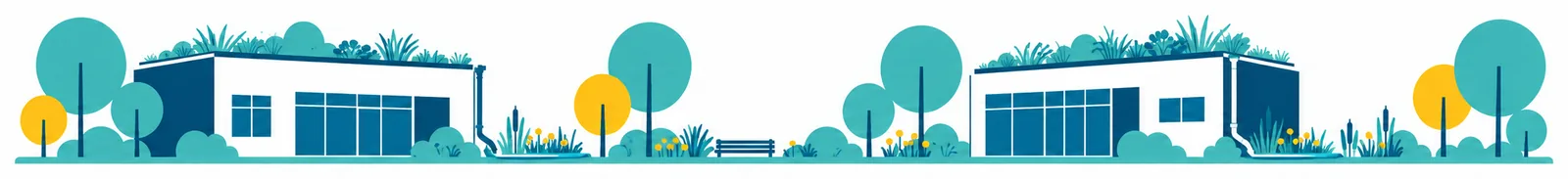 Ilustrace: budovy se zelenými střechami mezi stromy